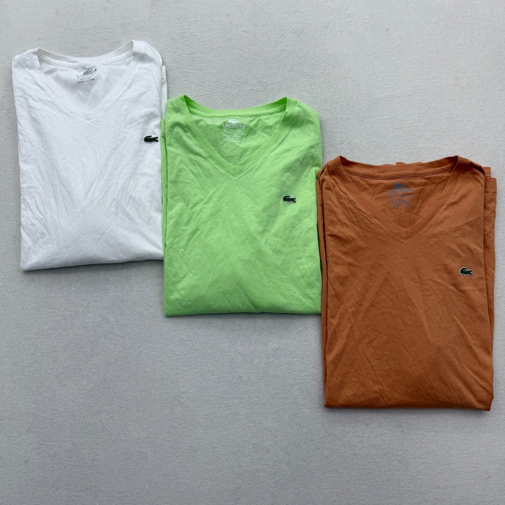 Lacoste T-Shirt Lot Mens 9 XXL White Green Orange V-Neck Pima Cotton 3 Pack
